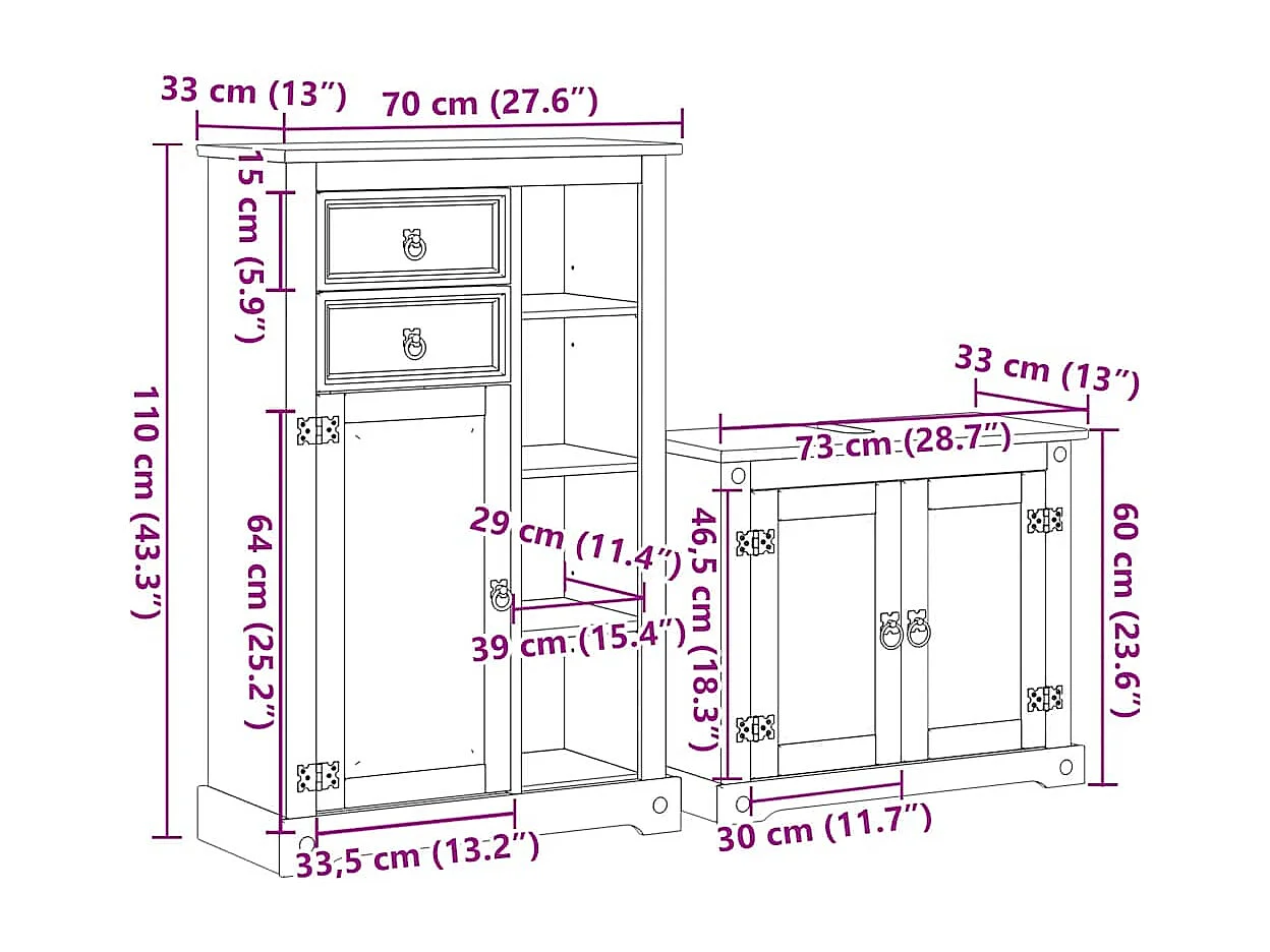 Conjunto de muebles de baño Corona de 2 piezas, madera maciza de pino