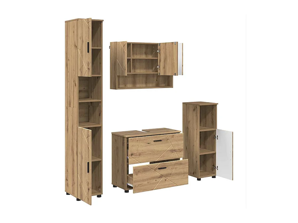 4-delige badkamermeubelset, handgemaakt eikenhout