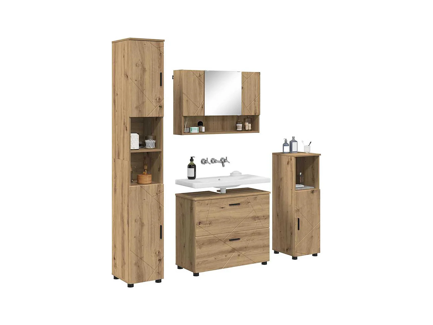 4-delige badkamermeubelset, handgemaakt eikenhout