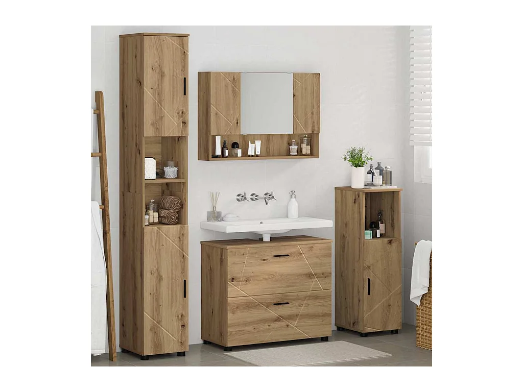 4-delige badkamermeubelset, handgemaakt eikenhout