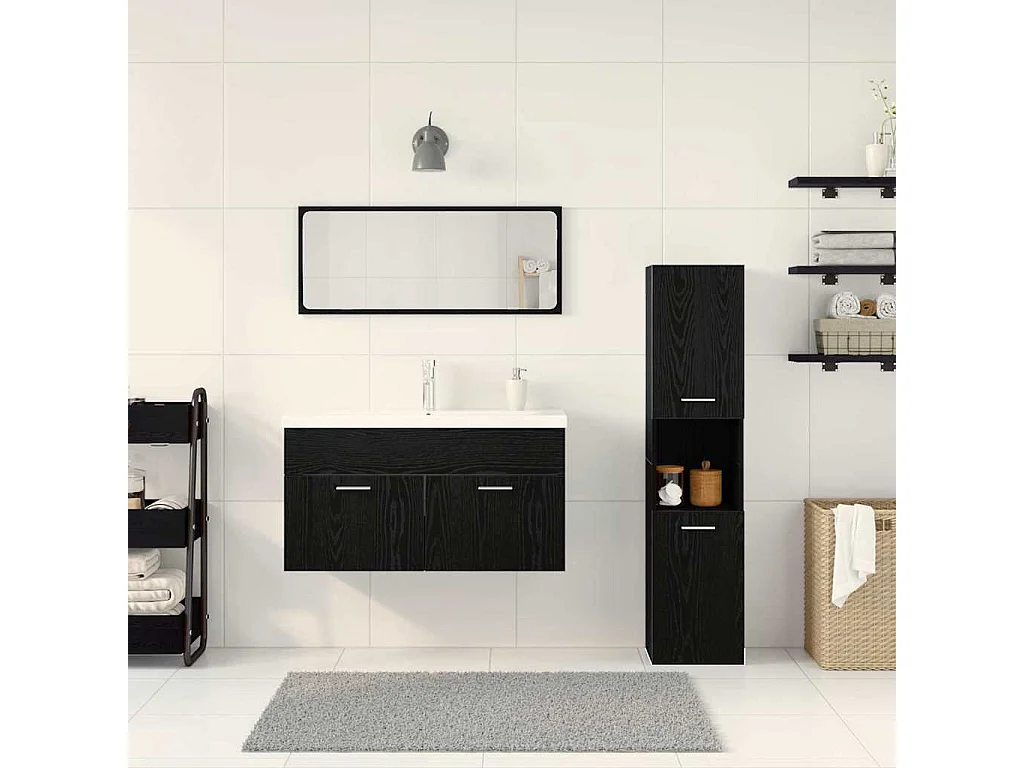 Set de meubles de salle de bain Montage mural 4 pcs Chêne noir