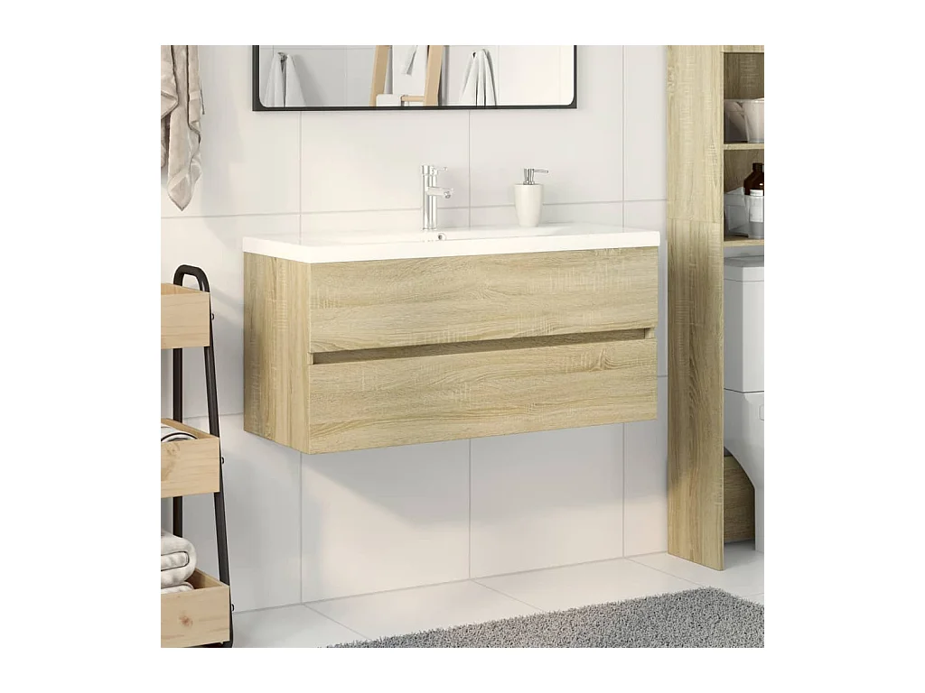 Ensemble de meubles de bain 2pcs céramique et bois d'ingénierie