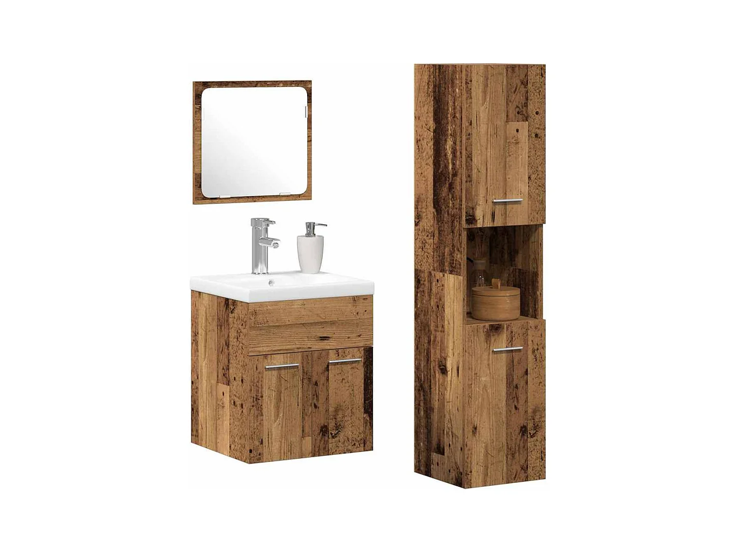 Conjunto de muebles de baño de 4 piezas en madera antigua