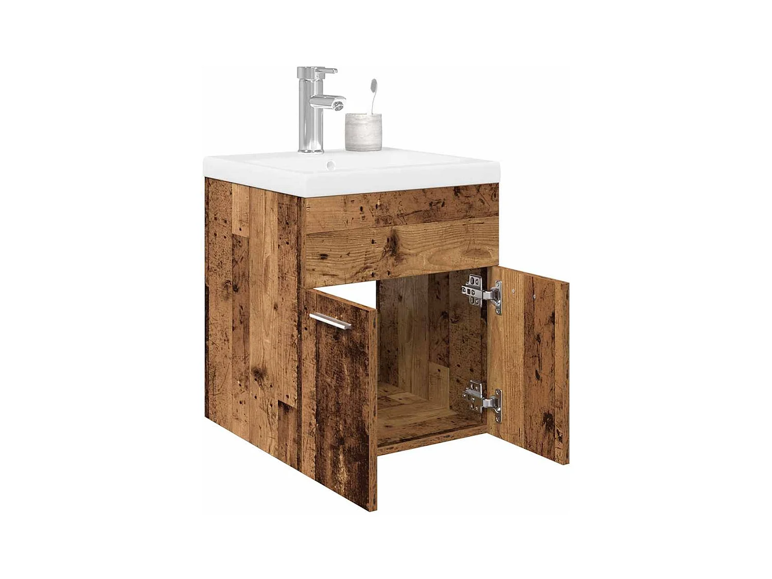 Wastafelmeubel met geïntegreerde waskom en kraan in oud hout