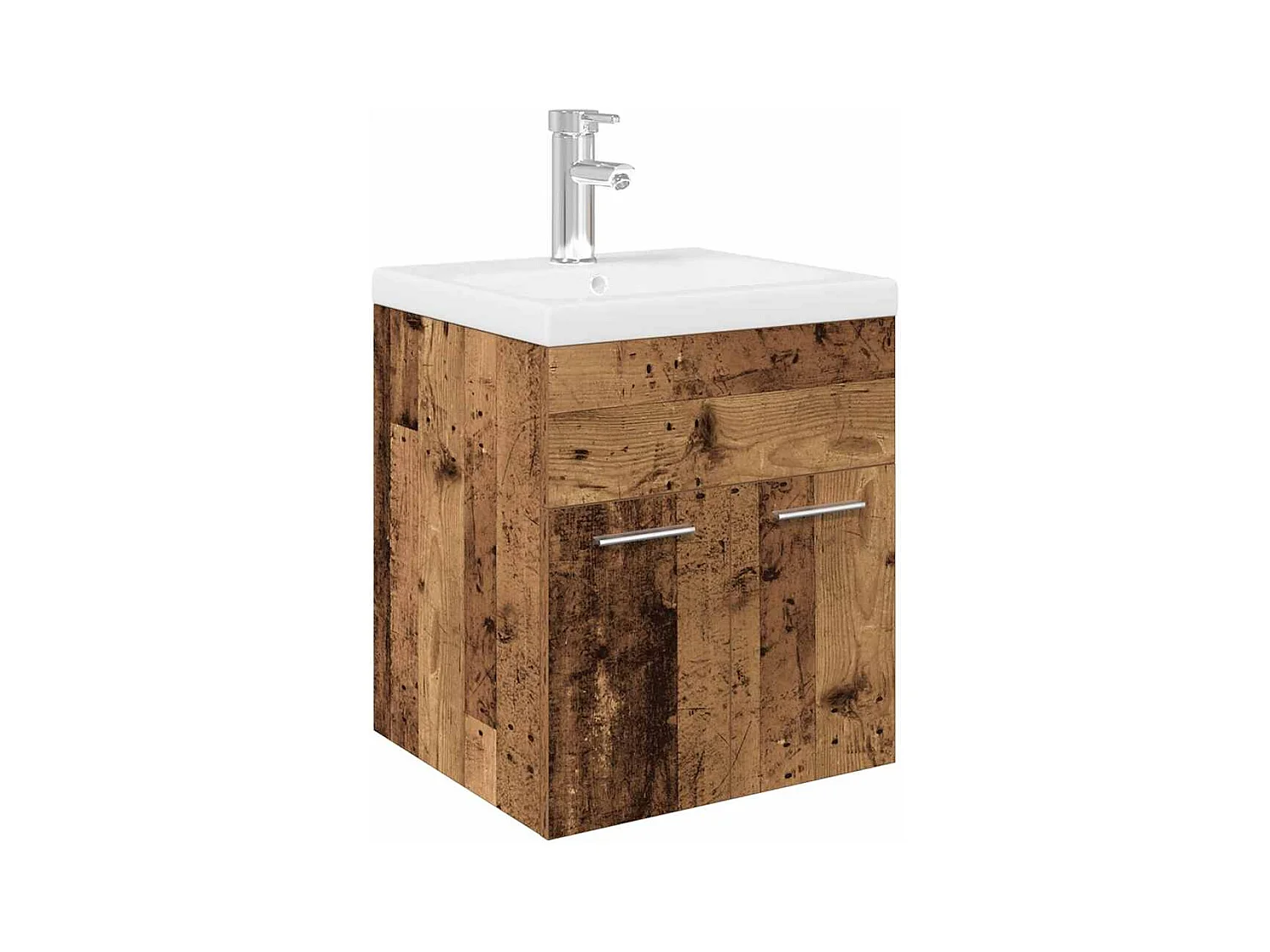 Wastafelmeubel met geïntegreerde waskom en kraan in oud hout