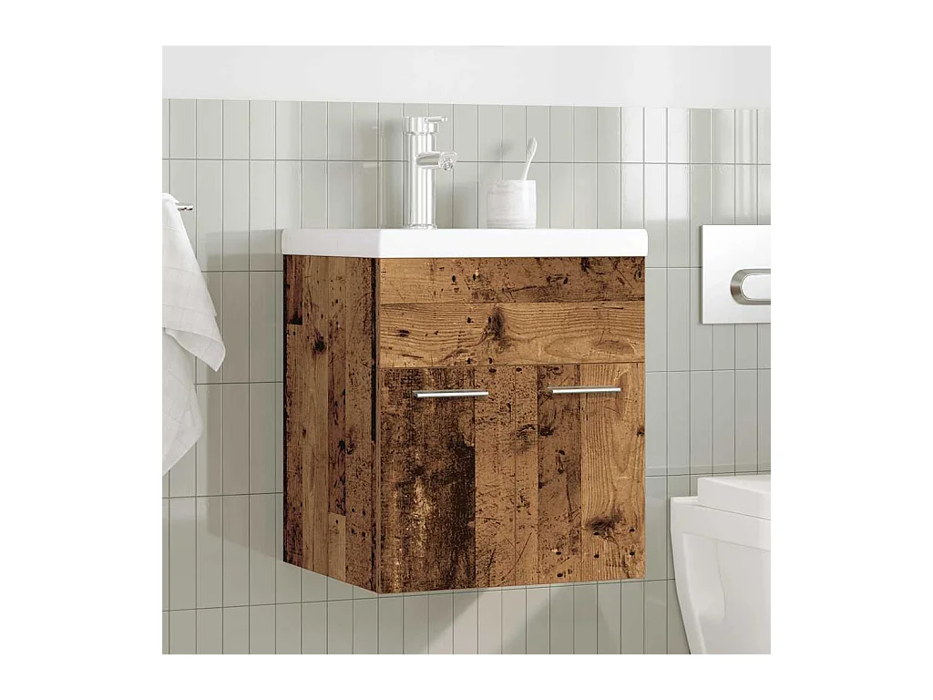 Wastafelmeubel met geïntegreerde waskom en kraan in oud hout