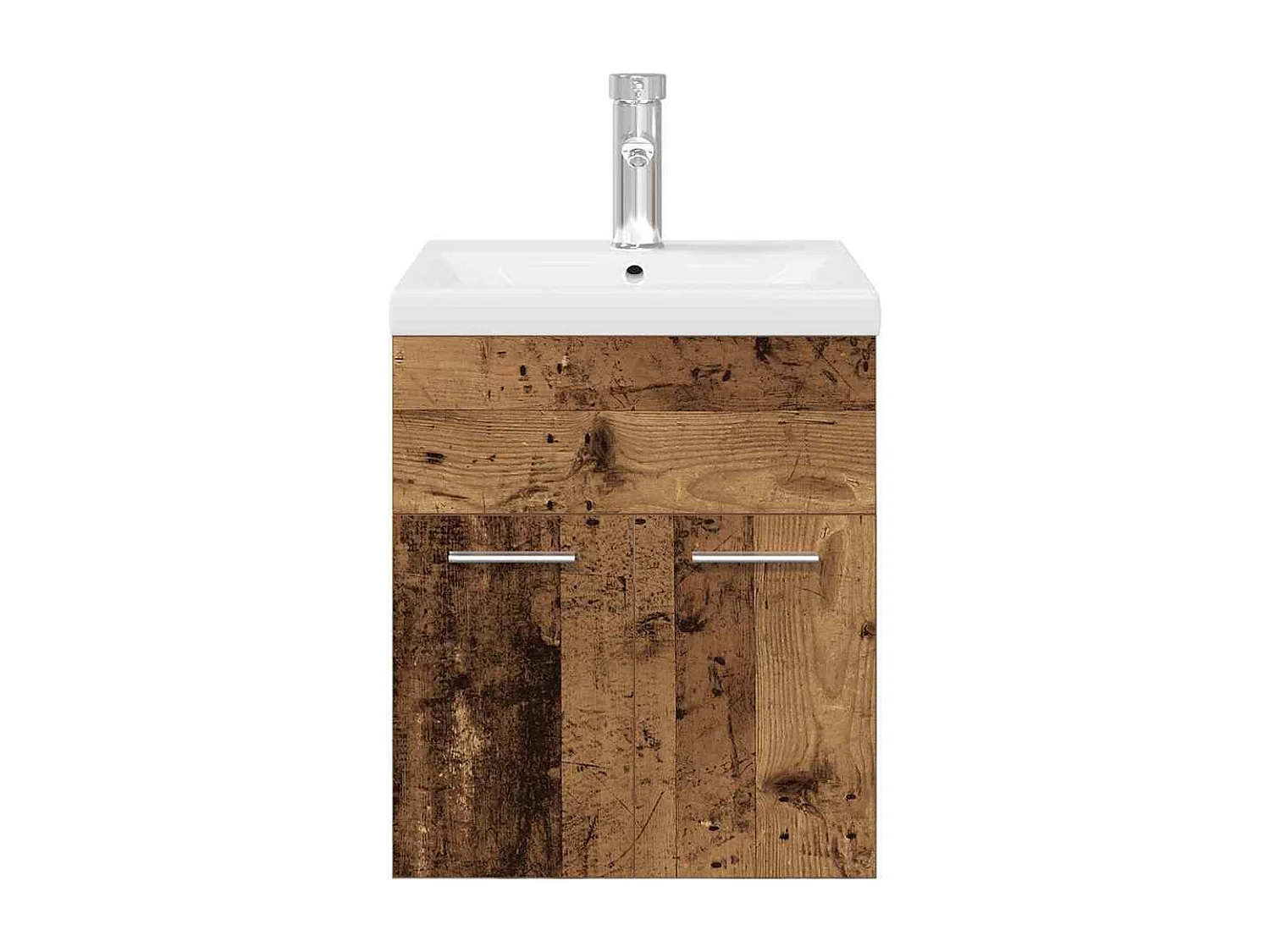 Wastafelmeubel met geïntegreerde waskom en kraan in oud hout