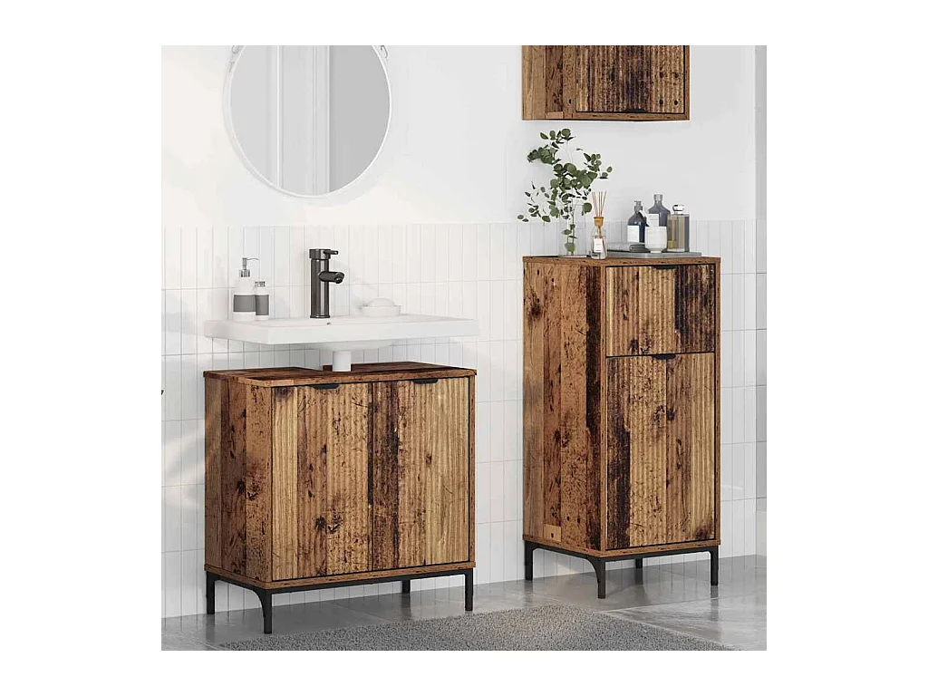 Set di mobili da bagno a quadri in legno anticato, 2 pezzi