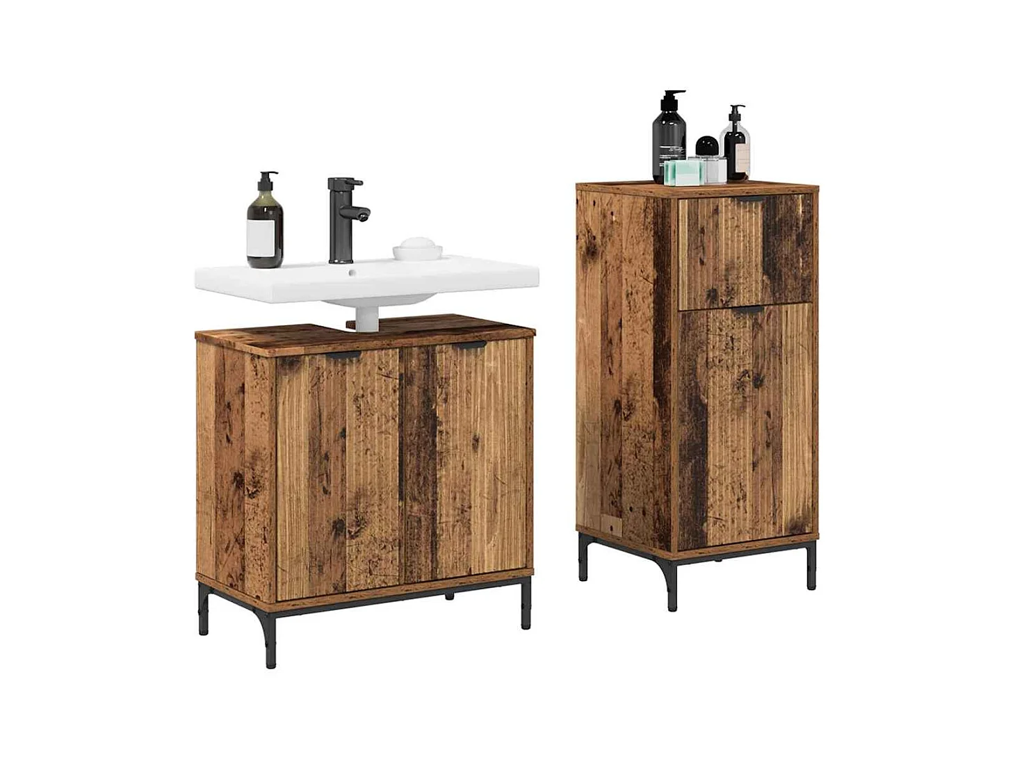 Set di mobili da bagno a quadri in legno anticato, 2 pezzi