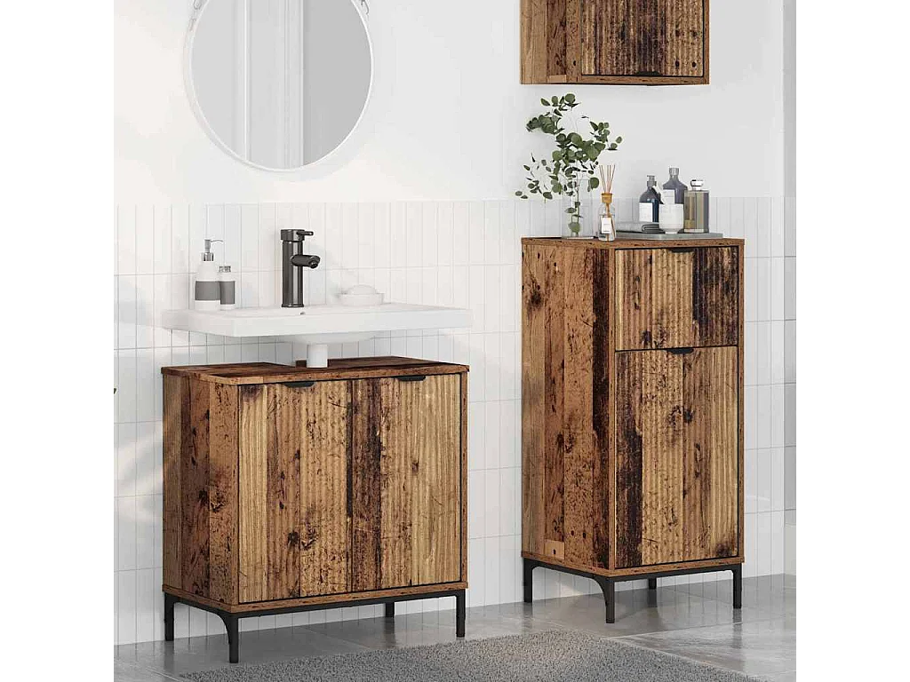 Set di mobili da bagno a quadri in legno anticato, 2 pezzi