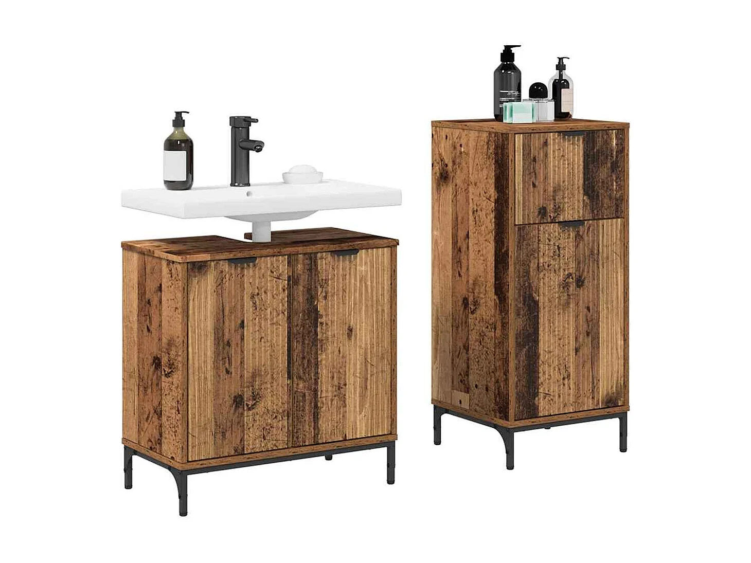 Set di mobili da bagno a quadri in legno anticato, 2 pezzi