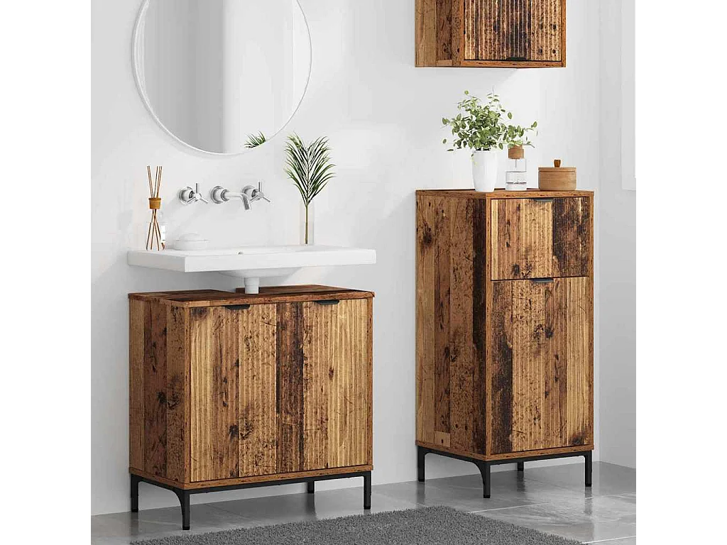Set di mobili da bagno a quadri in legno anticato, 2 pezzi