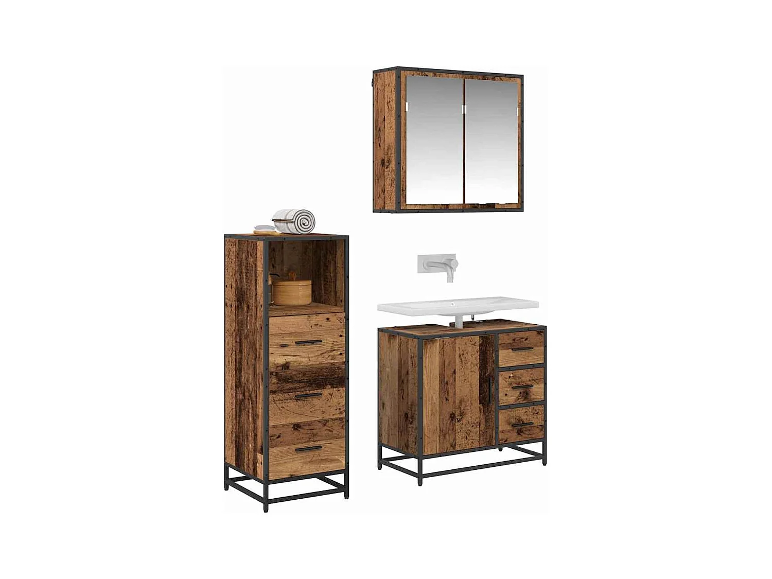 Set di mobili da bagno 3 pezzi in legno anticato