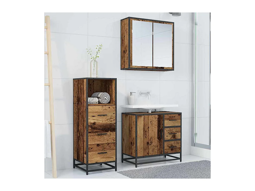 Set di mobili da bagno 3 pezzi in legno anticato