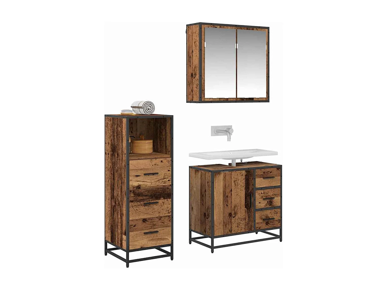Set di mobili da bagno 3 pezzi in legno anticato