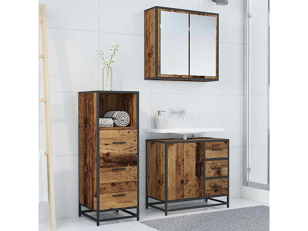 Set di mobili da bagno 3 pezzi in legno anticato