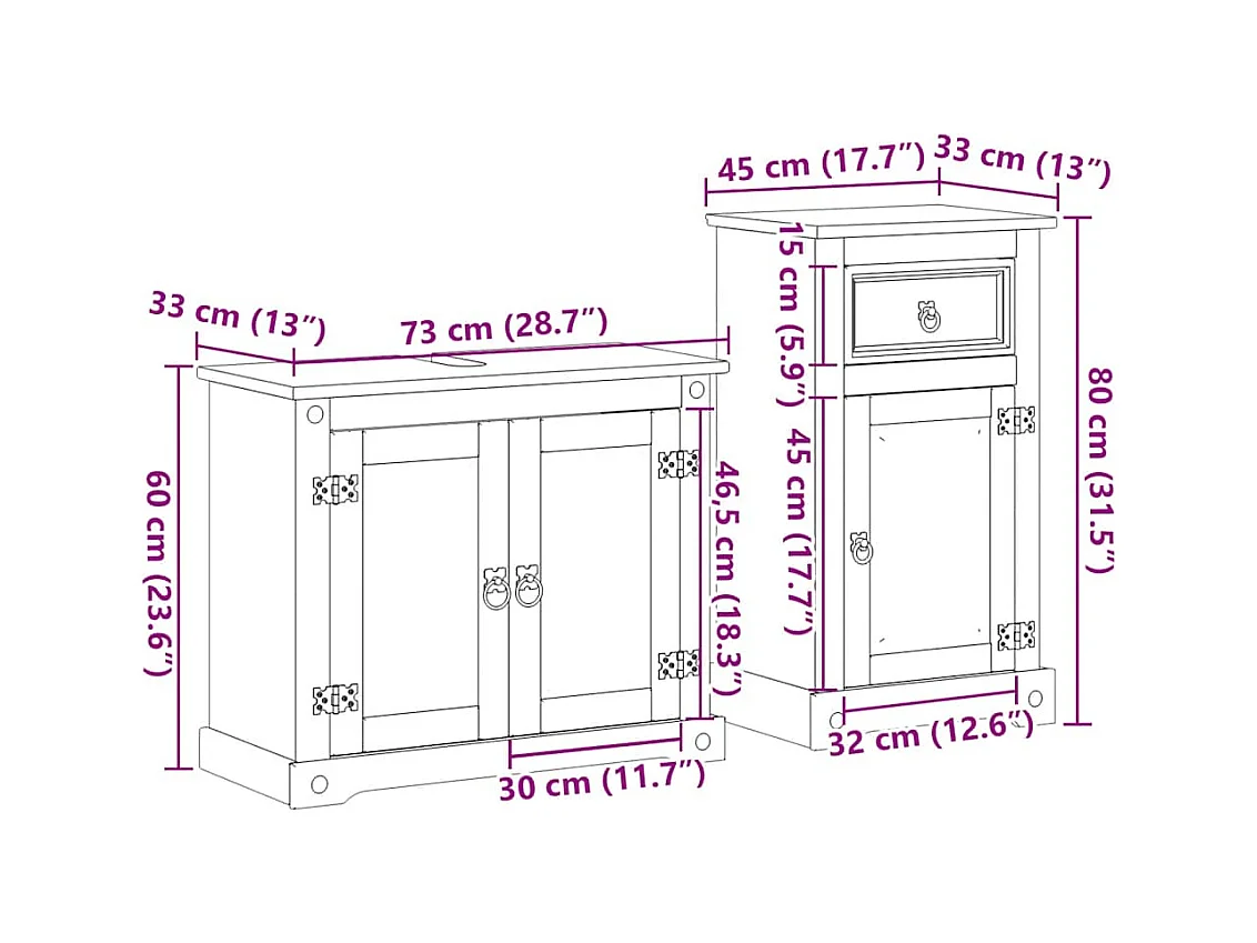 Conjunto de muebles de baño Corona de 2 piezas, madera maciza de pino