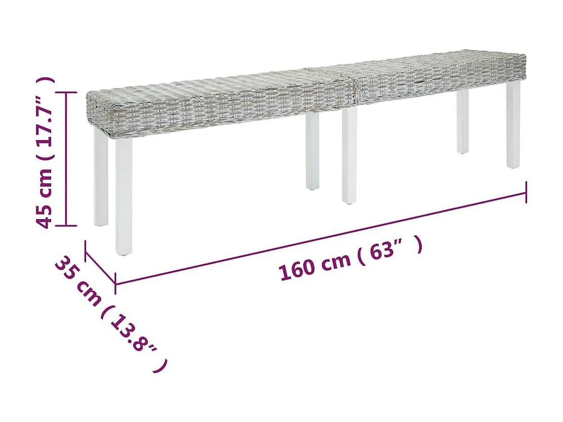 Witte bank 160x35x45 cm Natuurlijk kubu rotan en massief mahonie
