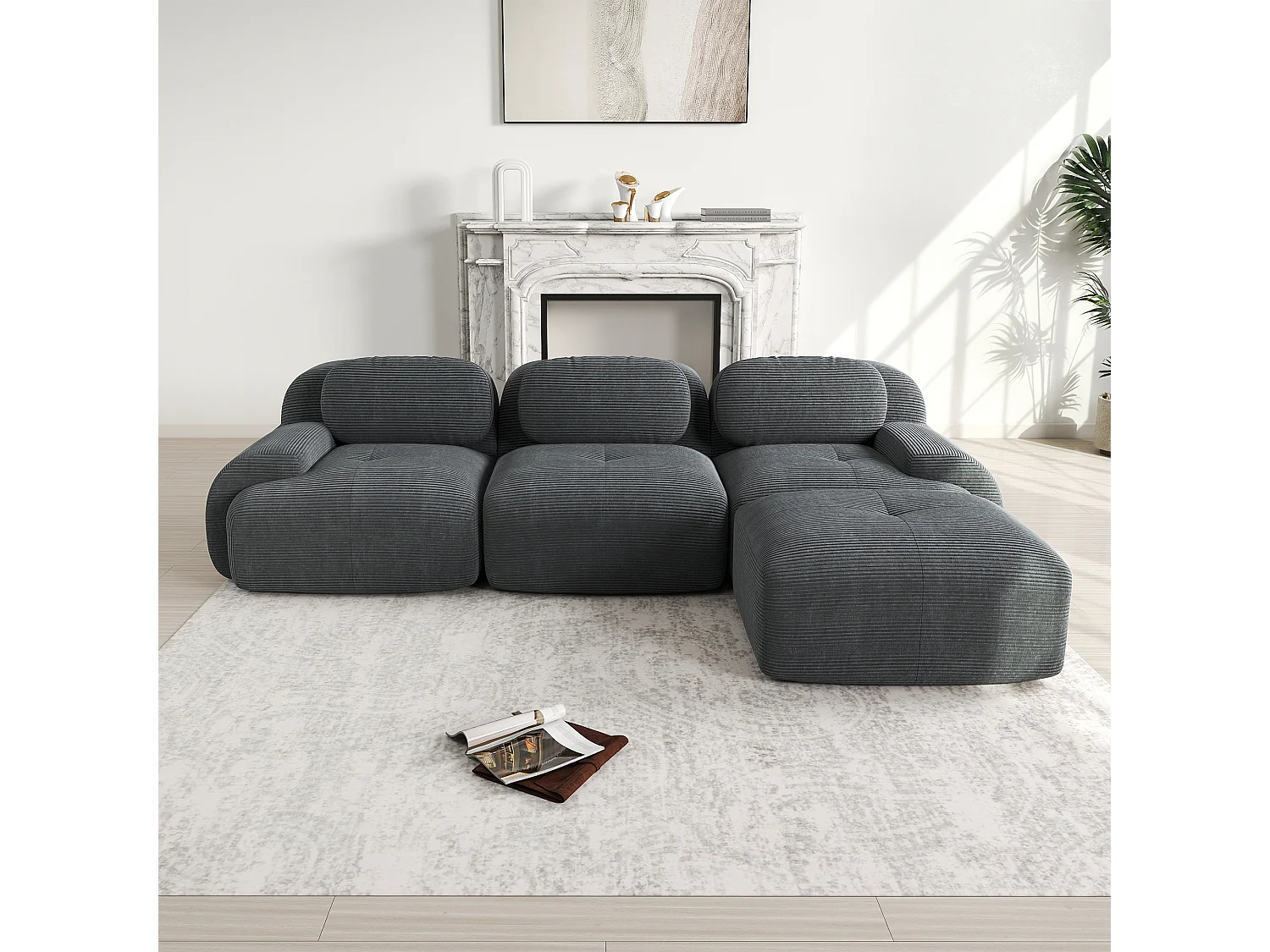 Divano angolare modulare, Cordsamt premium, ergonomico, grigio (180x90x85 cm)
