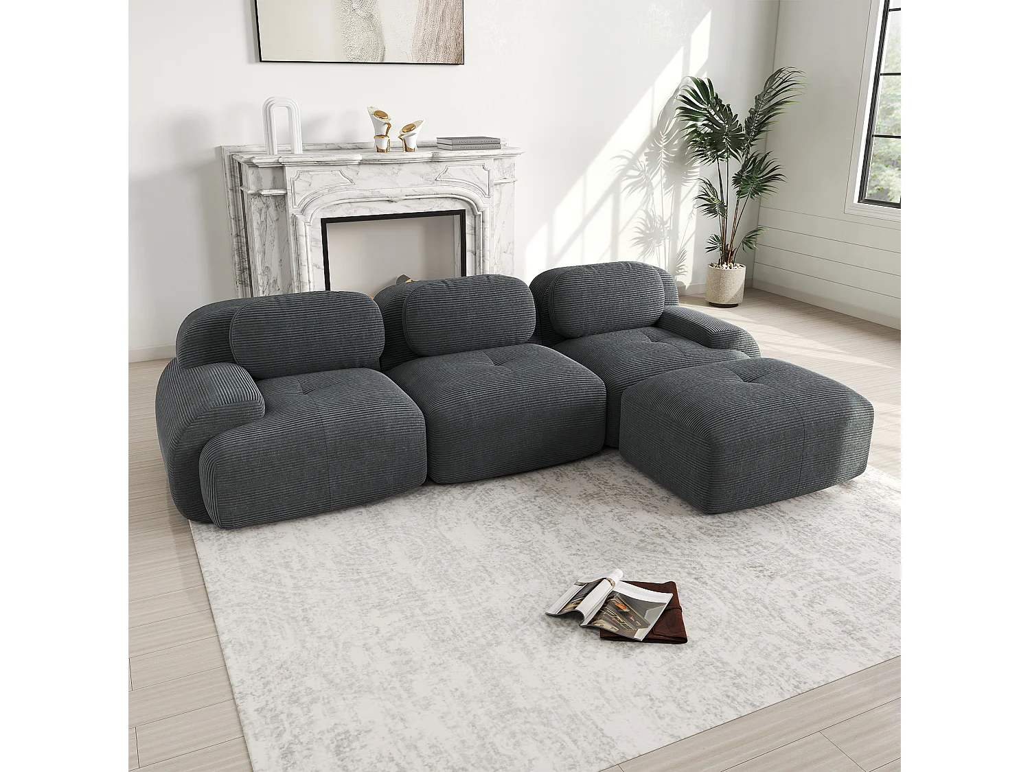 Divano angolare modulare, Cordsamt premium, ergonomico, grigio (180x90x85 cm)