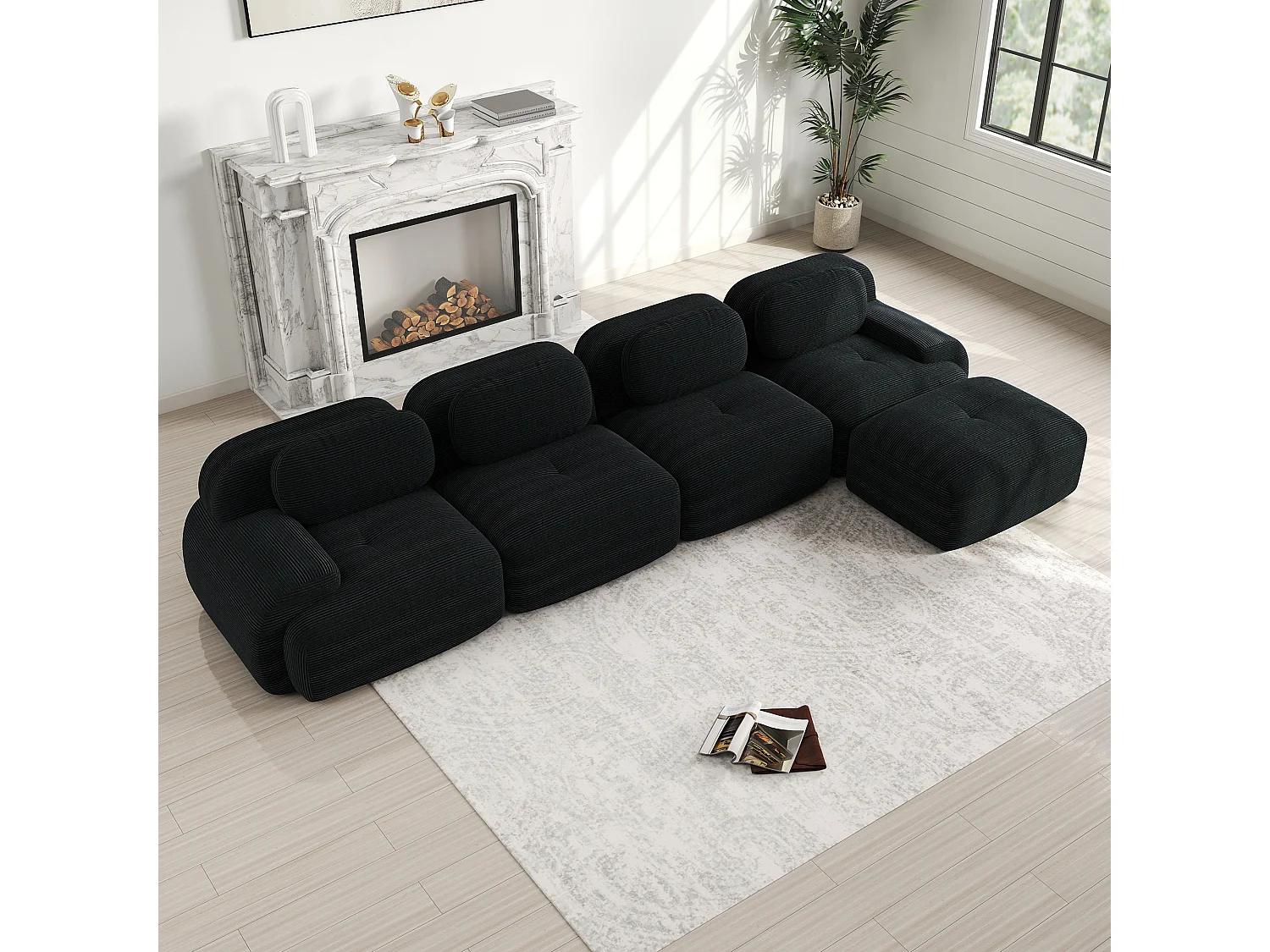 4-zits hoekbank met chaise longue, 32D koudschuim, rutschfest, extra brede armleuningen, geen montage nodig, zwart (270x95x85 cm)
