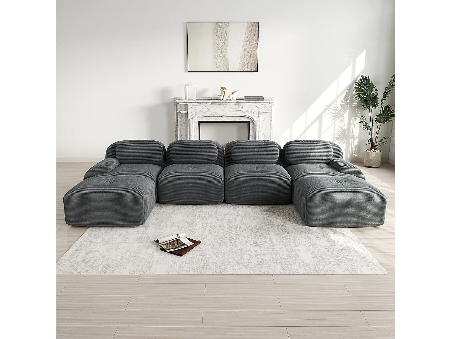 Divano componibile a U senza montaggio, tessuto traspirante Corduroy, schiuma ad alta elasticità 32D, braccioli extra larghi (240x90x80 cm)