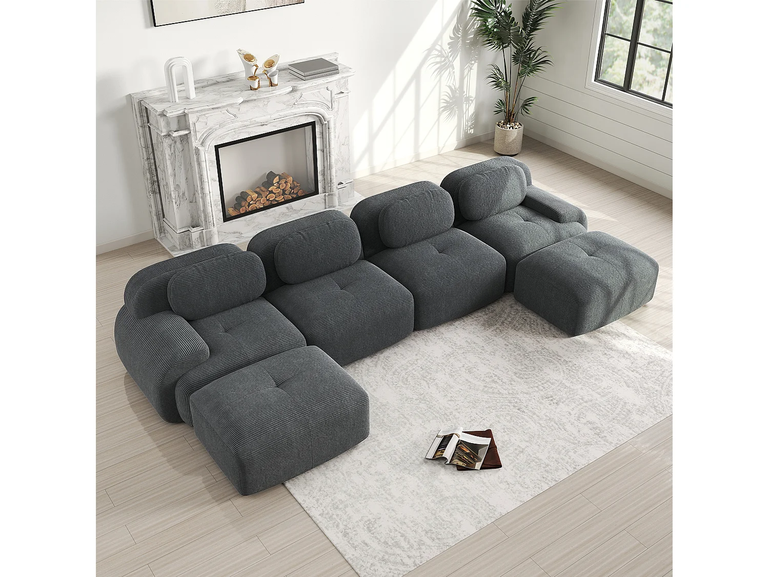 Divano componibile a U senza montaggio, tessuto traspirante Corduroy, schiuma ad alta elasticità 32D, braccioli extra larghi (240x90x80 cm)