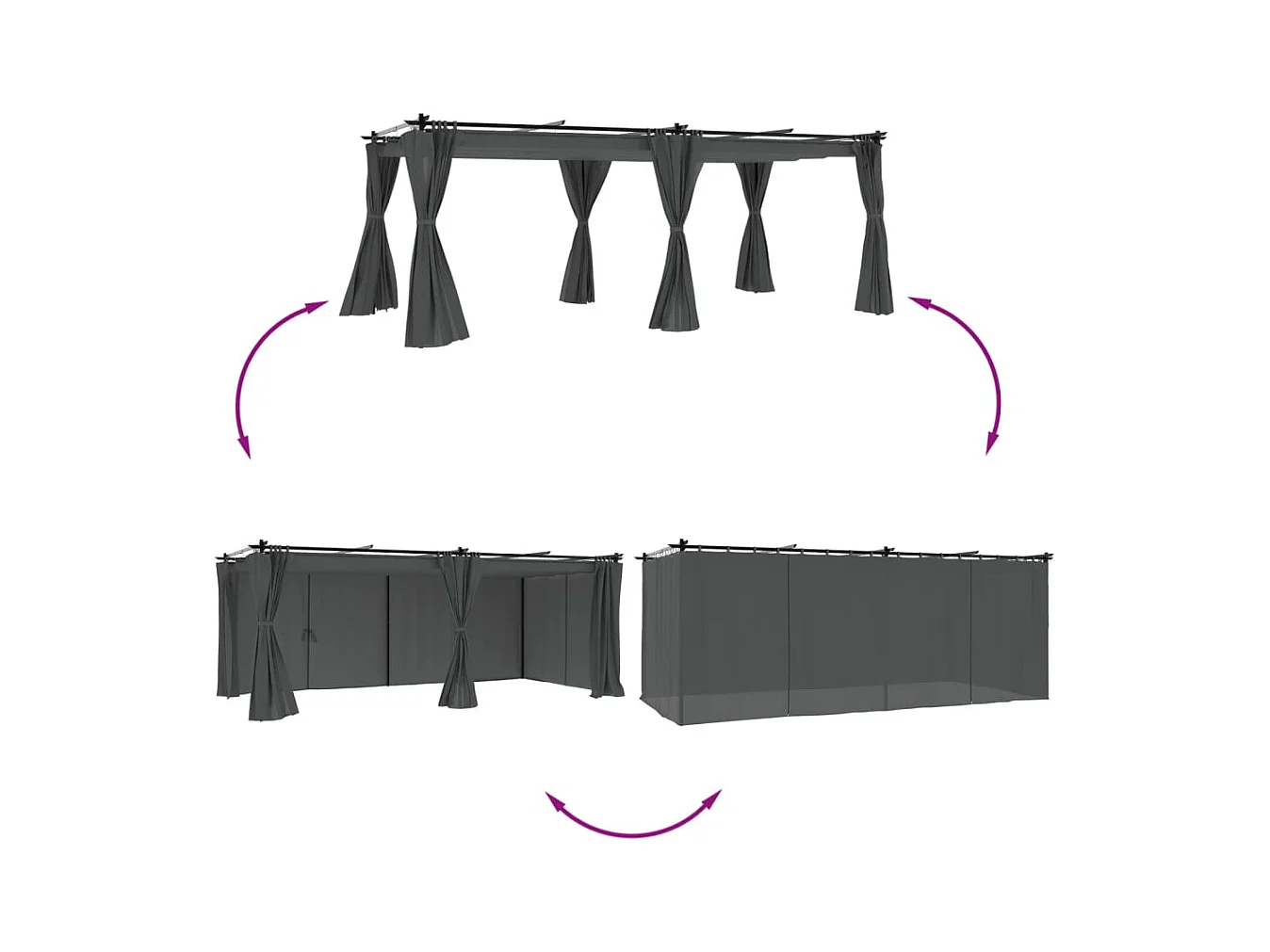 Pavillon mit anthrazitfarbenen Vorhängen 6x3 m Stahl