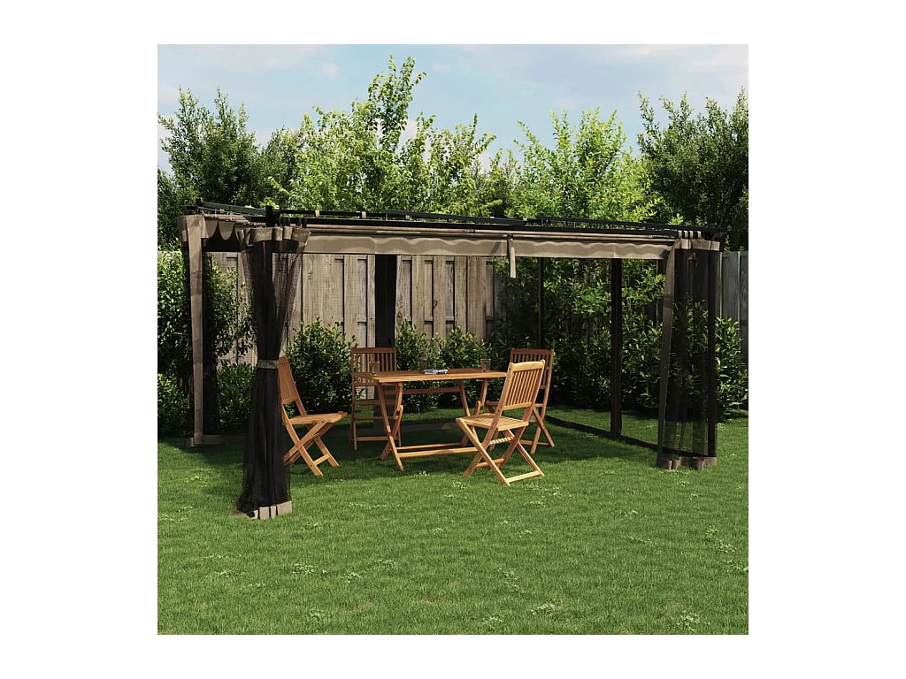 Cenador con paredes de malla color topo de acero 4x3 m