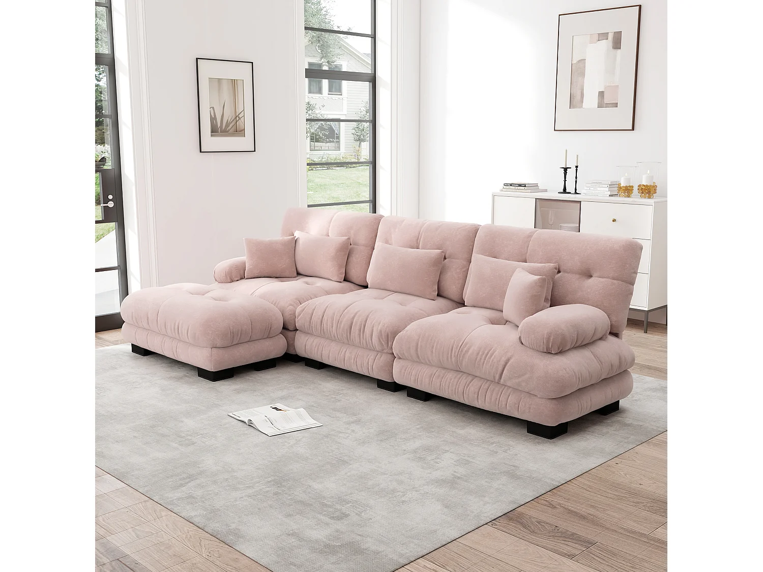 Divano angolare modulare di lusso - Divano a L oversize Cloud per soggiorno, divano letto con pouf, corda (313x145x81 cm)