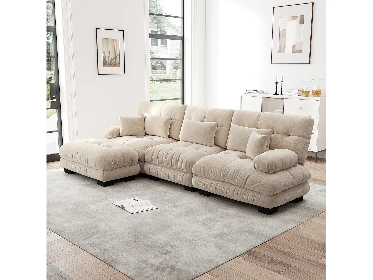 Lussuoso divano angolare componibile, in ciniglia vintage, con 2 cuscini poggiareni, 2 cuscini decorativi e 2 pouf (313x145x81 cm)