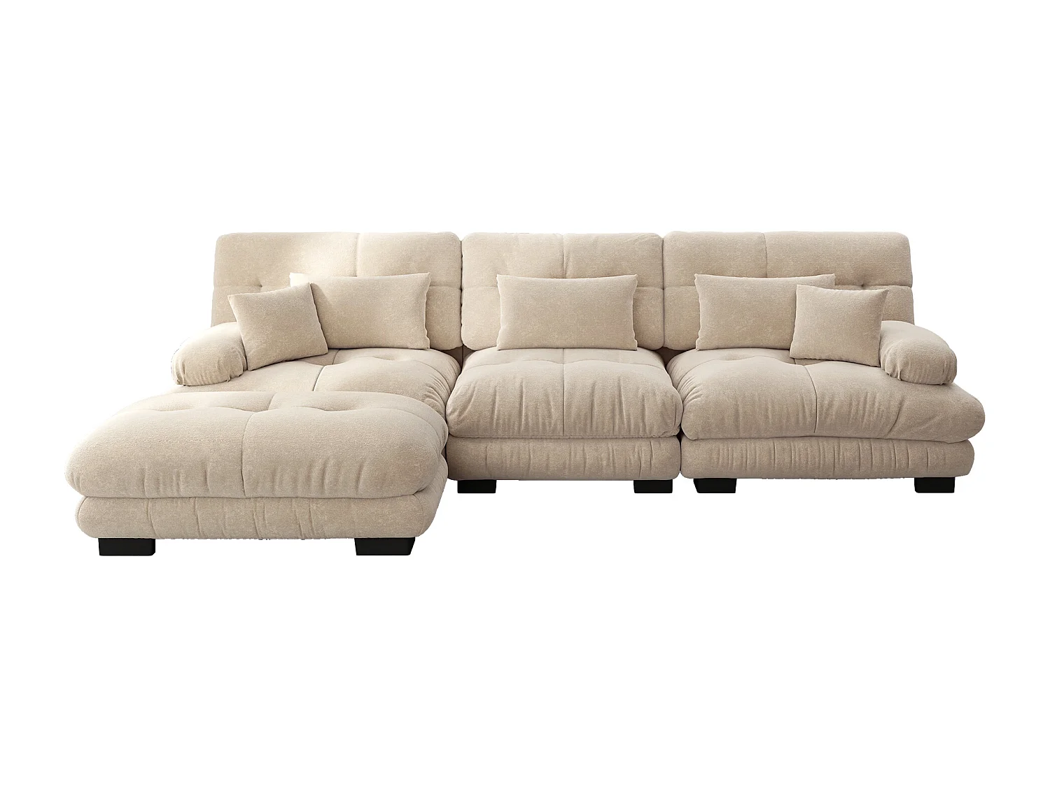 Lussuoso divano angolare componibile, in ciniglia vintage, con 2 cuscini poggiareni, 2 cuscini decorativi e 2 pouf (313x145x81 cm)