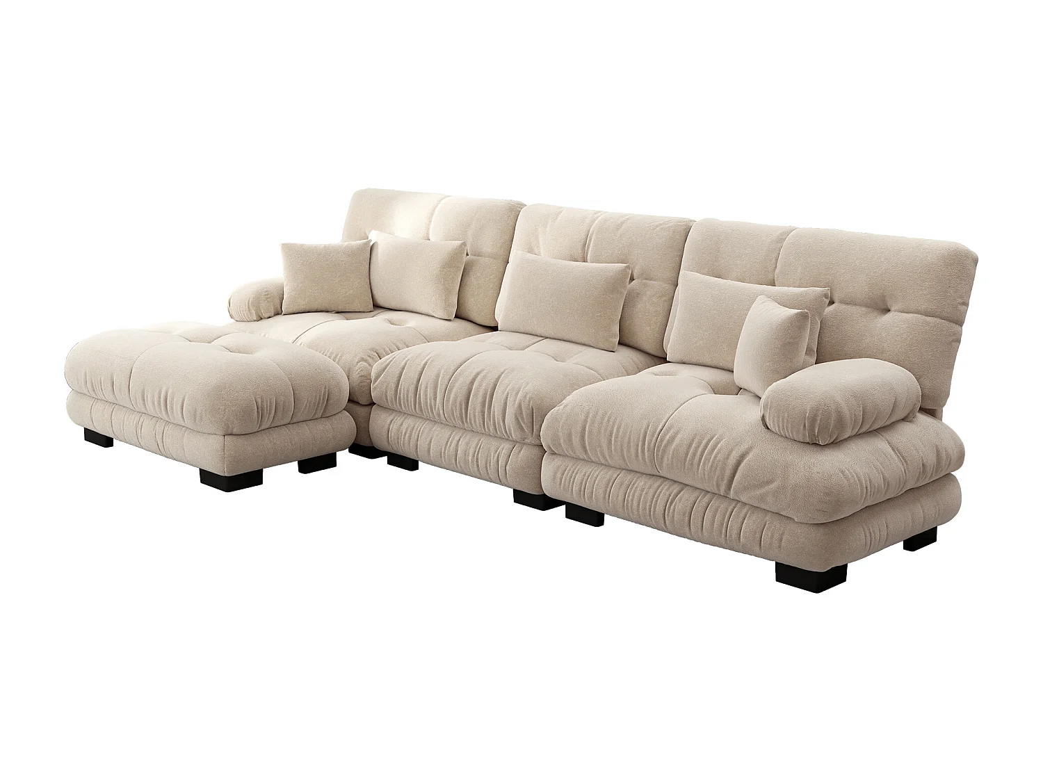 Lussuoso divano angolare componibile, in ciniglia vintage, con 2 cuscini poggiareni, 2 cuscini decorativi e 2 pouf (313x145x81 cm)