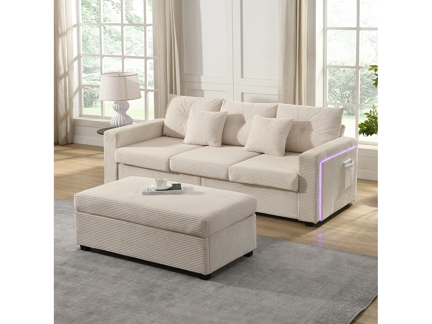 Divano modulare LED con pouf sfoderabile e 5 cuscini, tessuto vellutato beige, alta resistenza, divano angolare per soggiorno (184x84,5x85,5 cm)