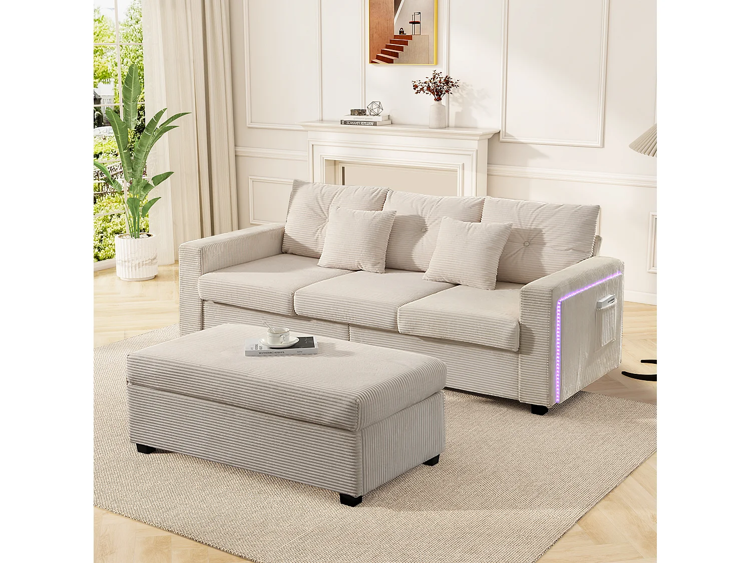 Divano modulare LED con pouf sfoderabile e 5 cuscini, tessuto vellutato beige, alta resistenza, divano angolare per soggiorno (184x84,5x85,5 cm)