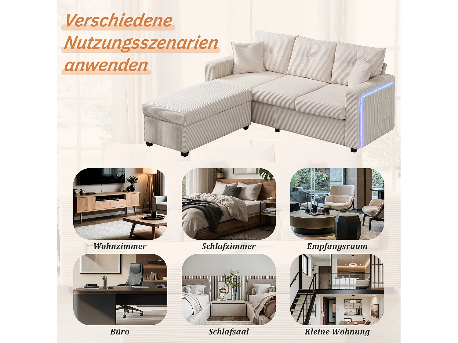 Divano modulare LED con pouf sfoderabile e 5 cuscini, tessuto vellutato beige, alta resistenza, divano angolare per soggiorno (184x84,5x85,5 cm)