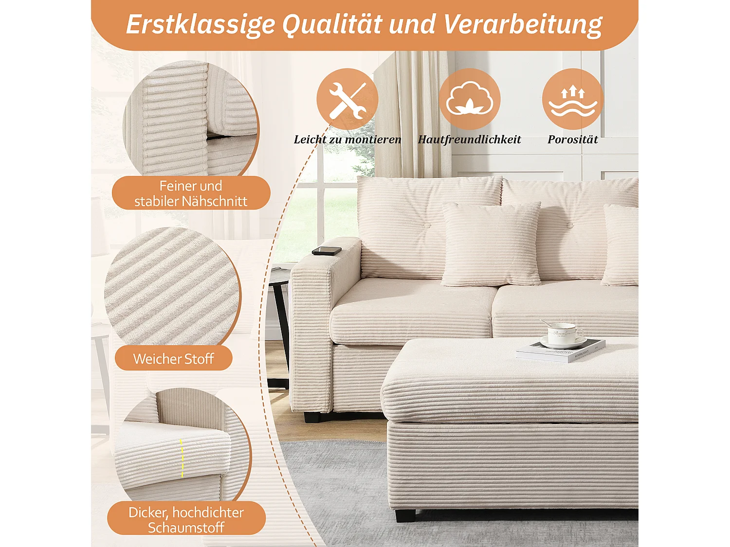 Divano modulare LED con pouf sfoderabile e 5 cuscini, tessuto vellutato beige, alta resistenza, divano angolare per soggiorno (184x84,5x85,5 cm)