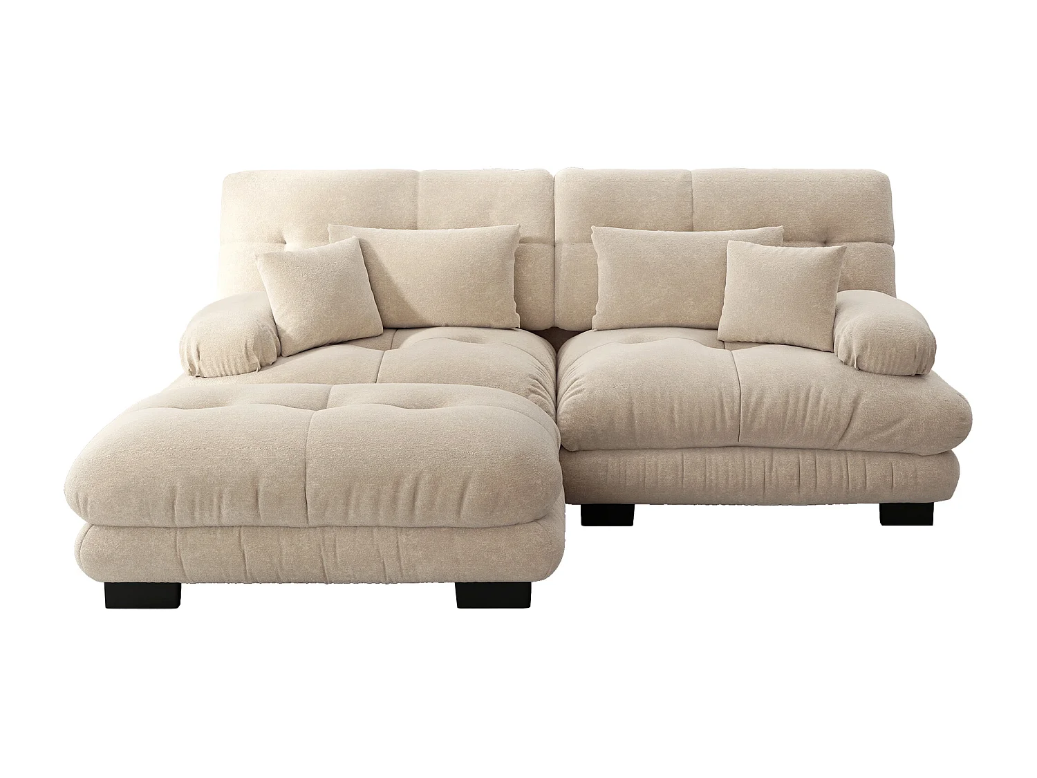 Divano angolare Cloud a 2 posti con cuscini decorativi e poggiareni, struttura in legno massello, ciniglia color caffè chiaro (220x145x81 cm)