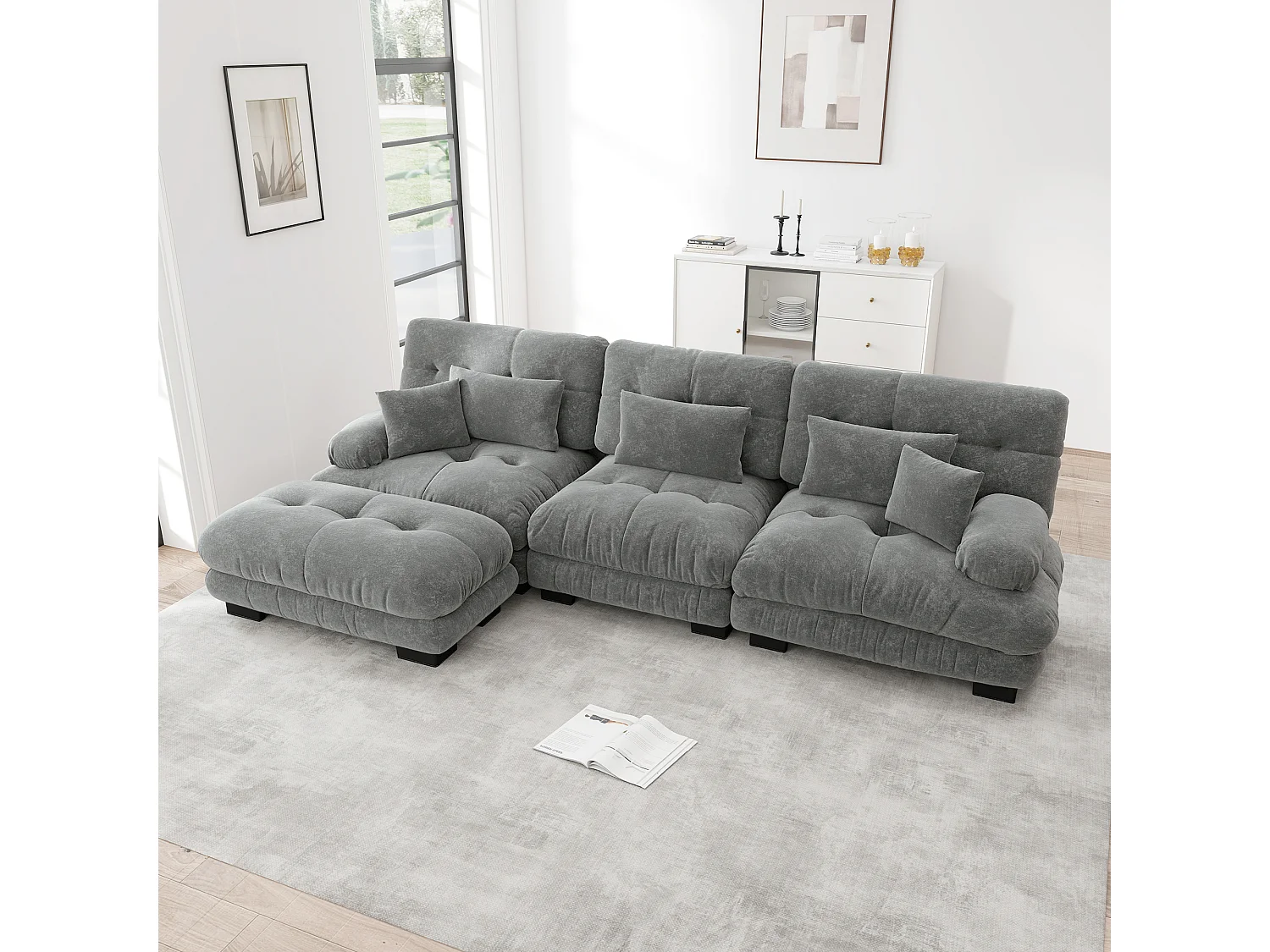 Divano angolare componibile a L, divano Cloud 3 posti con pouf sfoderabile, ciniglia grigia (313x145x81 cm)