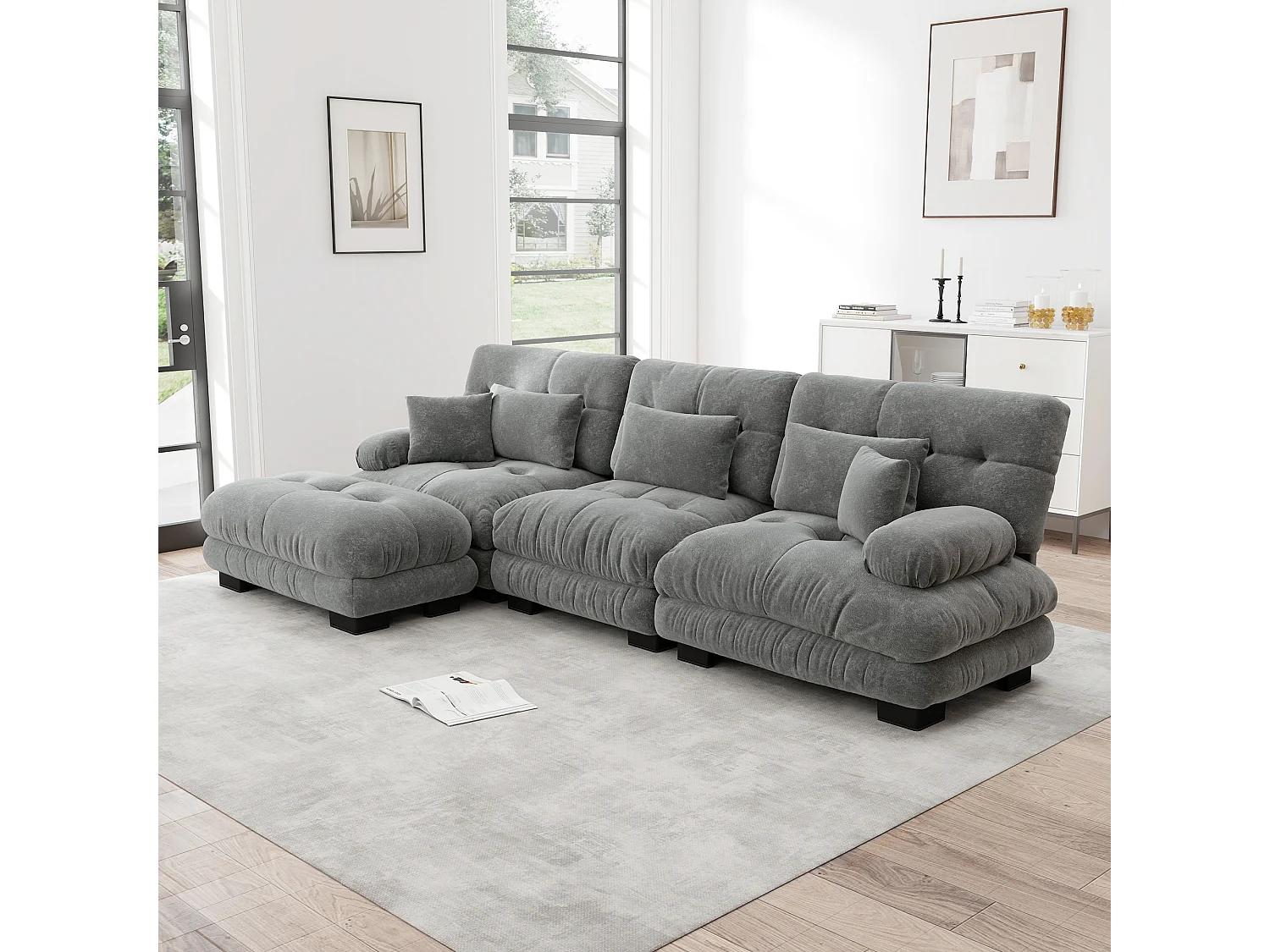Divano angolare componibile a L, divano Cloud 3 posti con pouf sfoderabile, ciniglia grigia (313x145x81 cm)