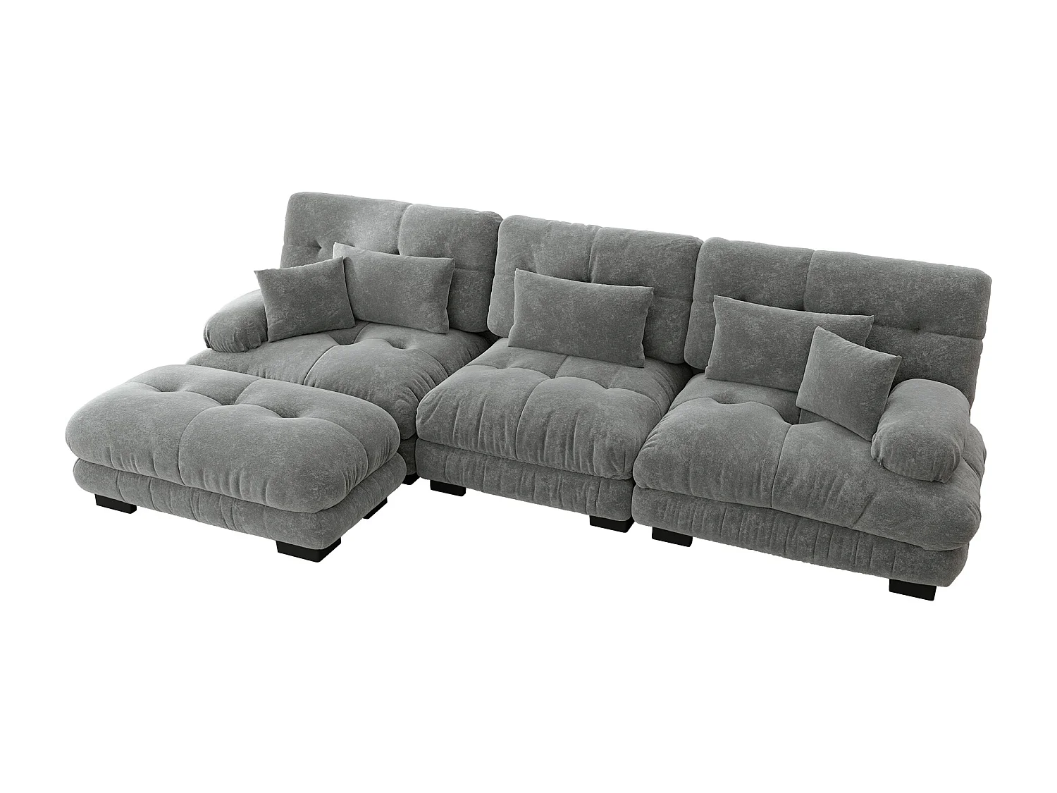 Divano angolare componibile a L, divano Cloud 3 posti con pouf sfoderabile, ciniglia grigia (313x145x81 cm)