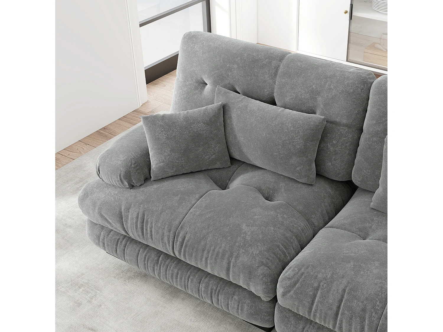 Divano angolare componibile a L, divano Cloud 3 posti con pouf sfoderabile, ciniglia grigia (313x145x81 cm)