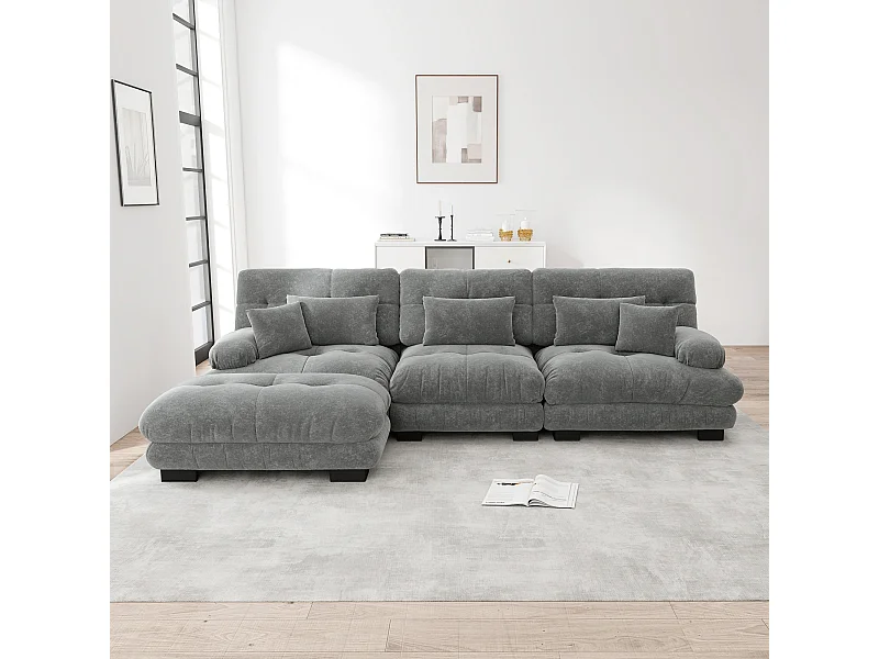Divano angolare componibile a L, divano Cloud 3 posti con pouf sfoderabile, ciniglia grigia (313x145x81 cm)