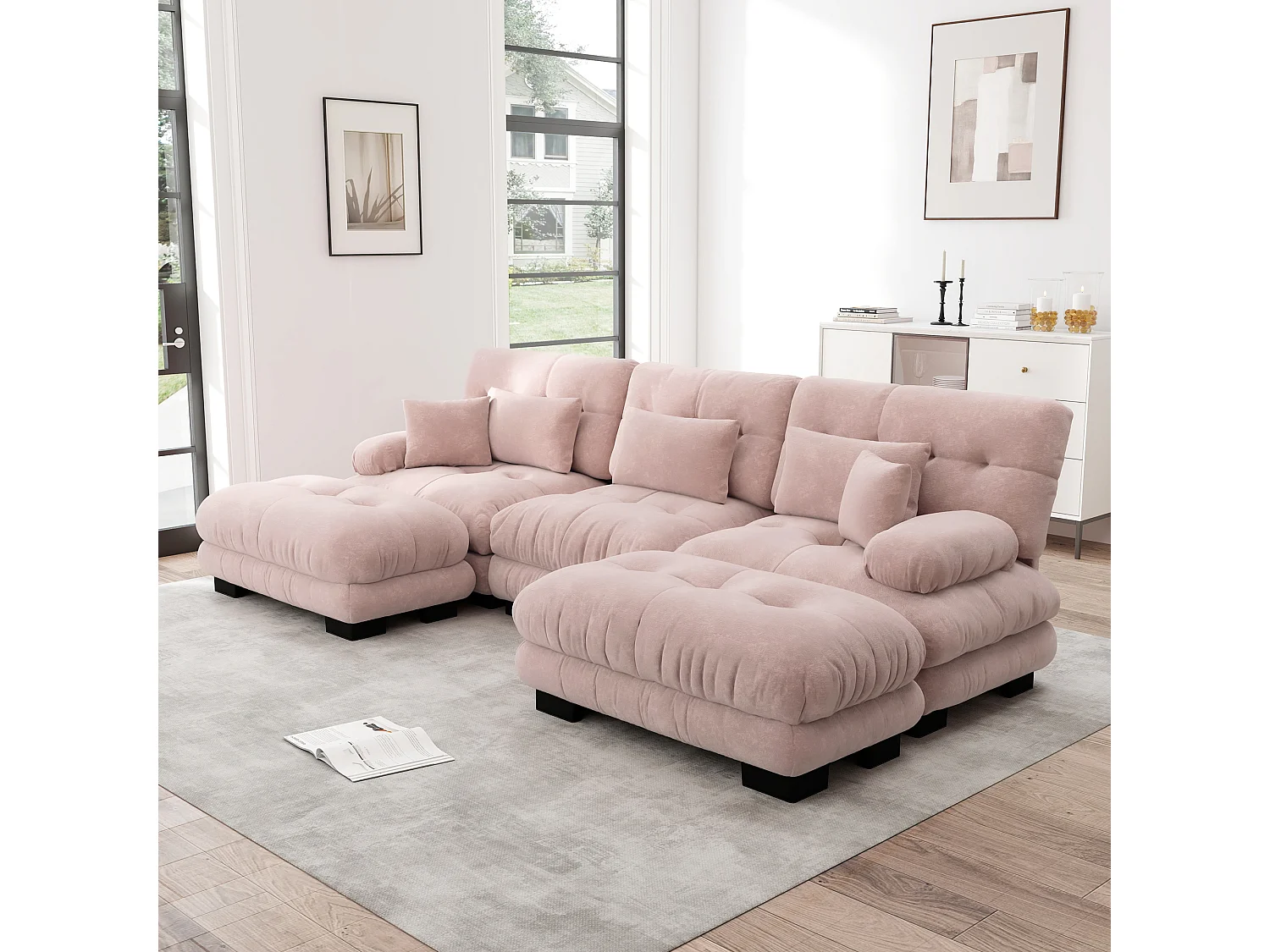 Divano angolare modulare di lusso - Divano a forma di U oversize, divano trasformabile con pouf, ciniglia rosa (313x145x81 cm)
