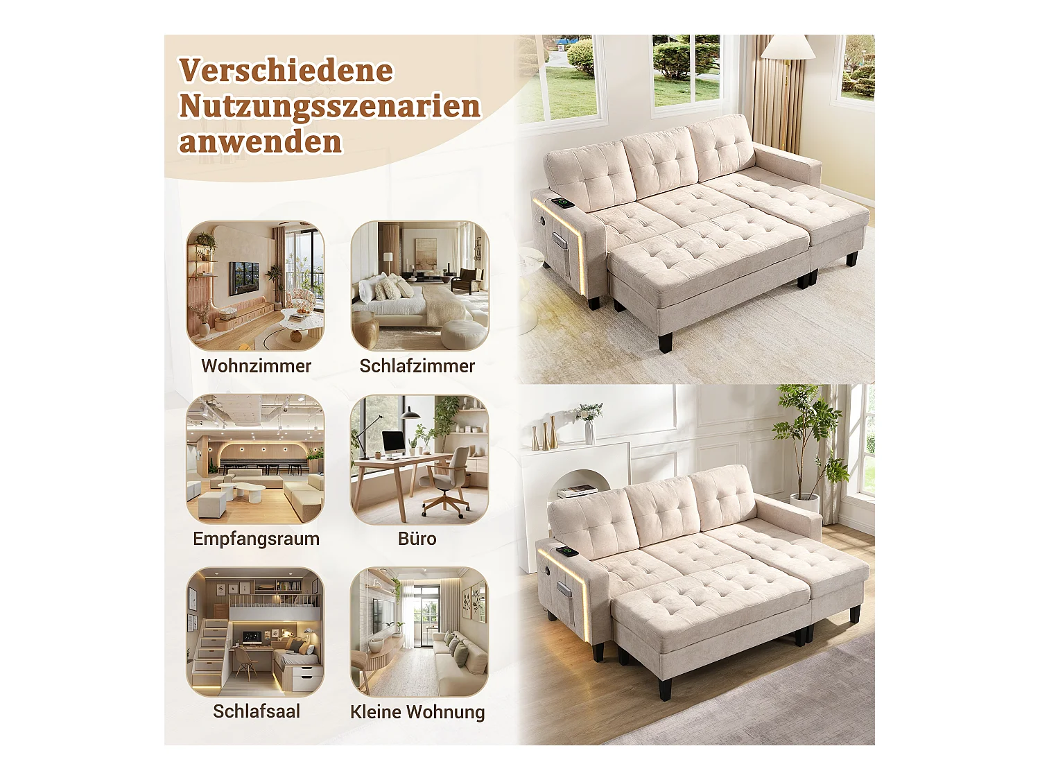 Sofá modular en L con otomana extraíble e iluminación LED, 3 plazas, beige (184x135x85 cm)