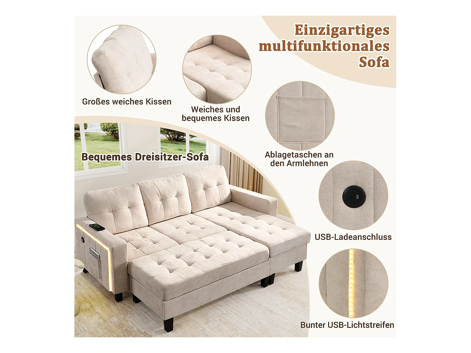 Sofá modular en L con otomana extraíble e iluminación LED, 3 plazas, beige (184x135x85 cm)