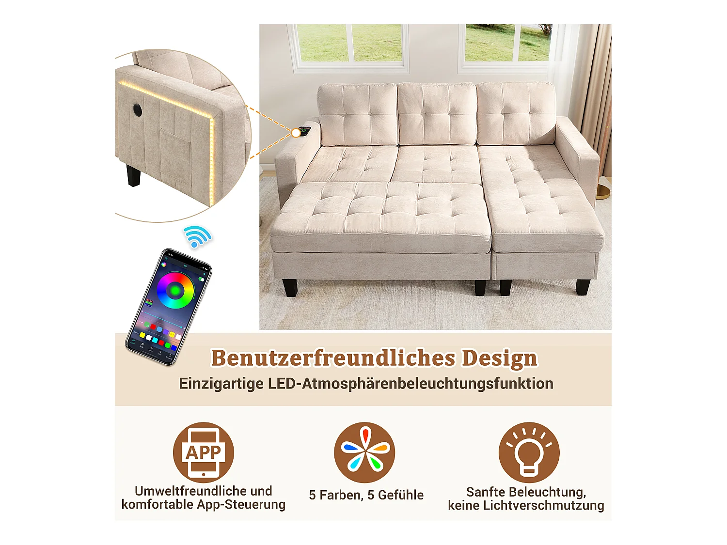 Sofá modular en L con otomana extraíble e iluminación LED, 3 plazas, beige (184x135x85 cm)