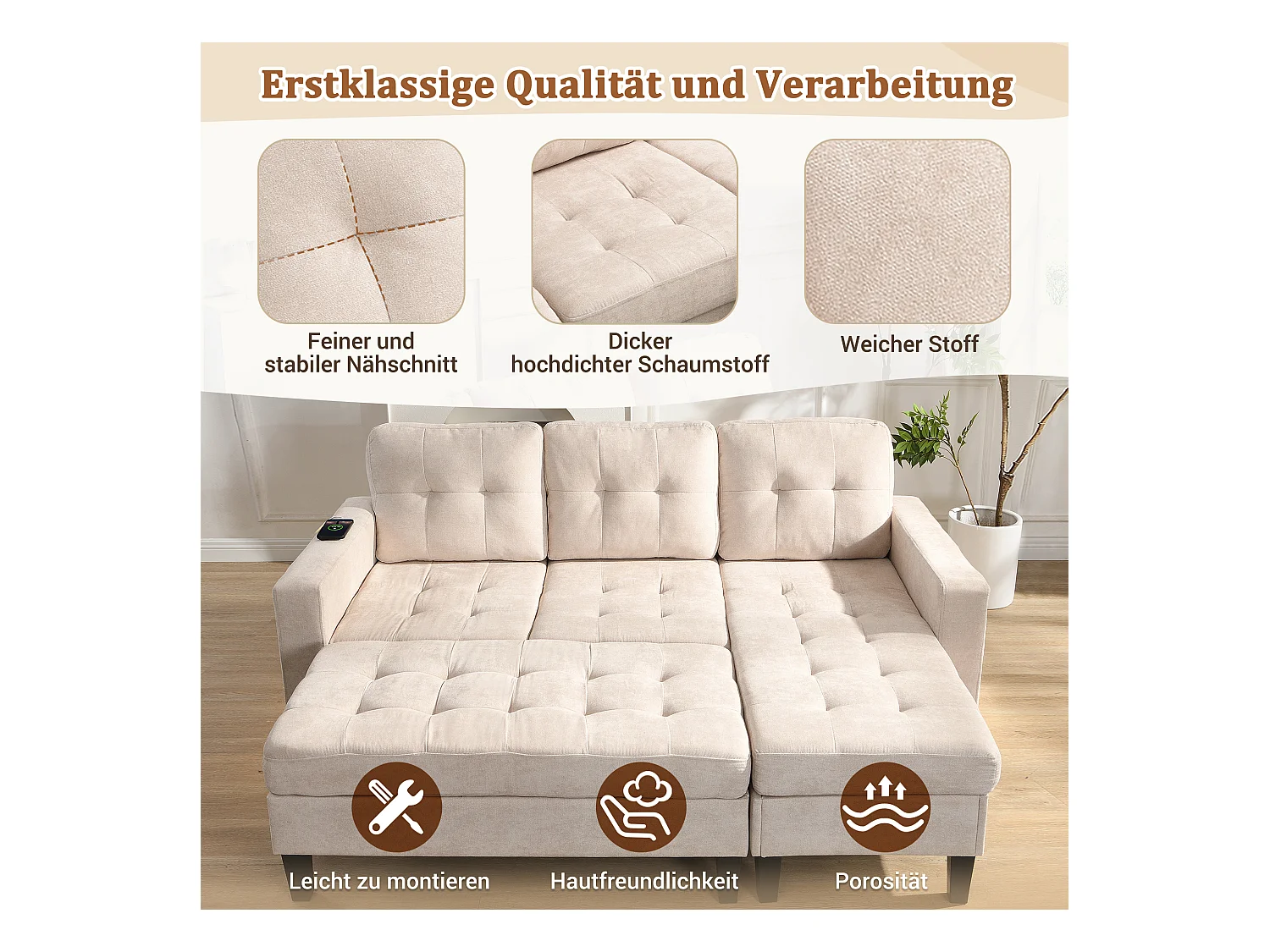 Sofá modular en L con otomana extraíble e iluminación LED, 3 plazas, beige (184x135x85 cm)