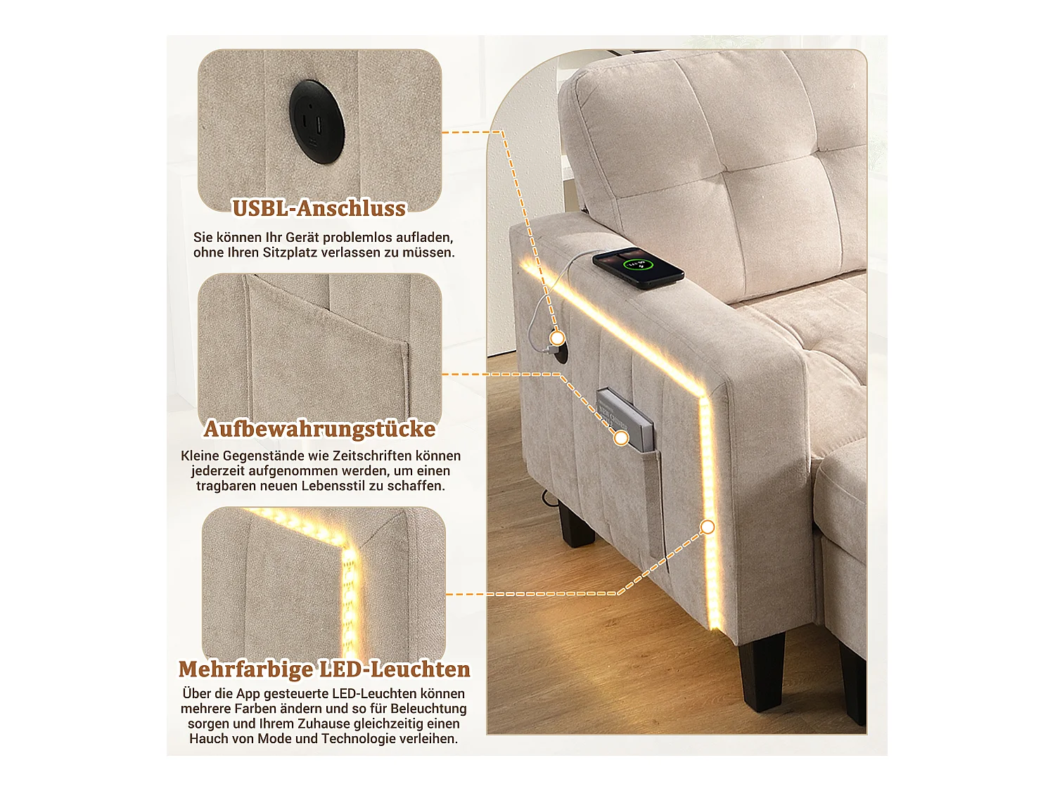 Sofá modular en L con otomana extraíble e iluminación LED, 3 plazas, beige (184x135x85 cm)