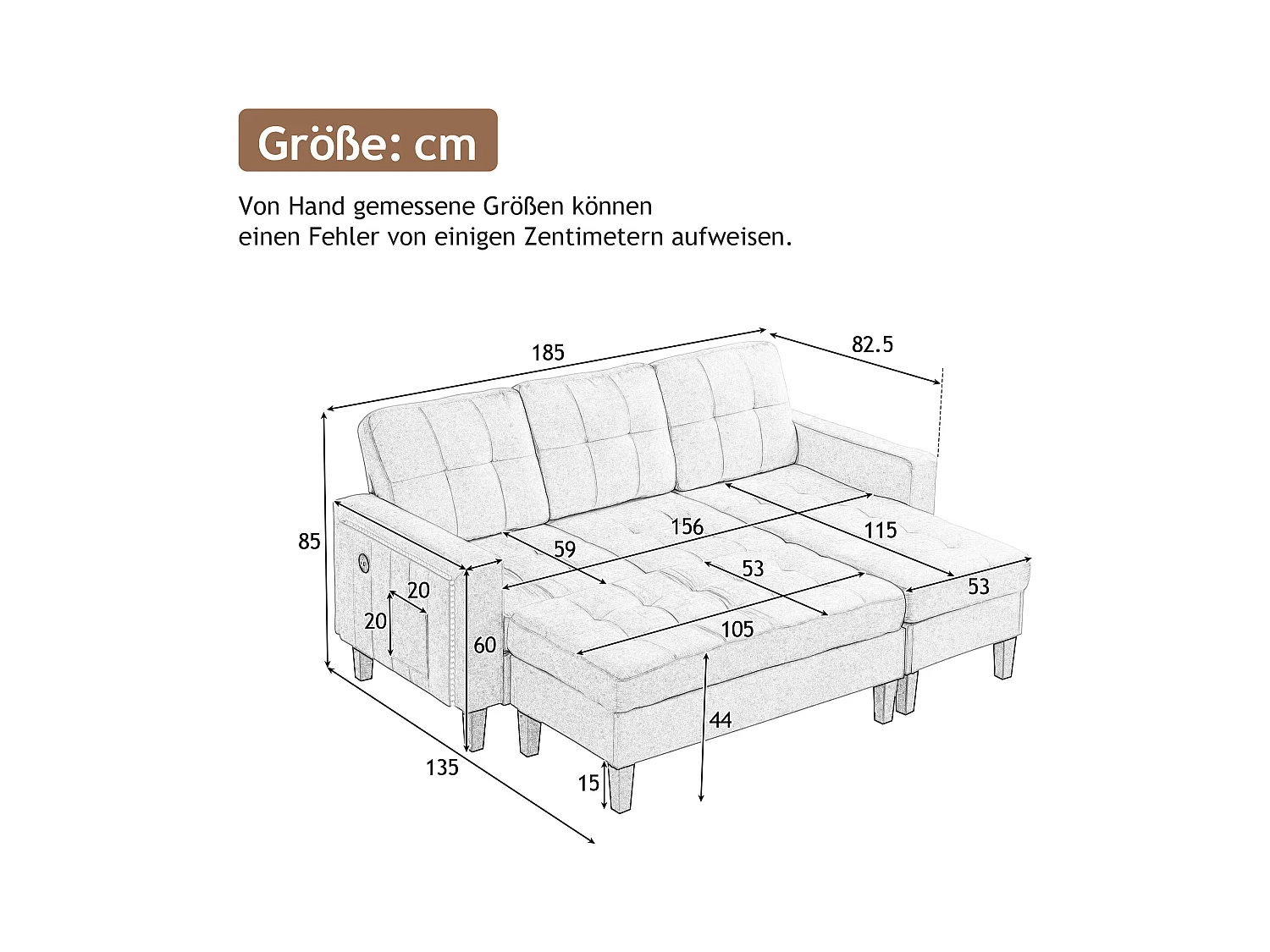 Sofá modular en L con otomana extraíble e iluminación LED, 3 plazas, beige (184x135x85 cm)